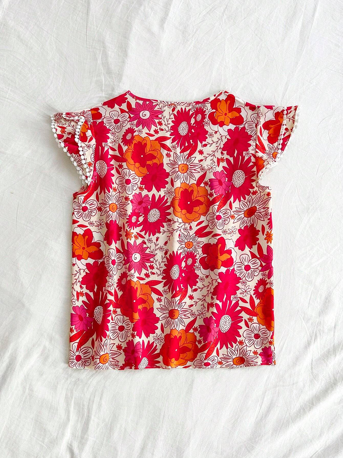 Women's Summer Vacation Floral Printed Notched V-Neck Cap Sleeve Blouse