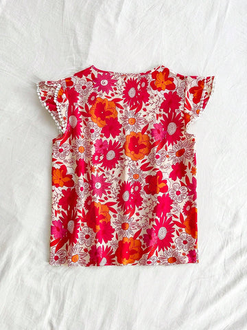 Women's Summer Vacation Floral Printed Notched V-Neck Cap Sleeve Blouse