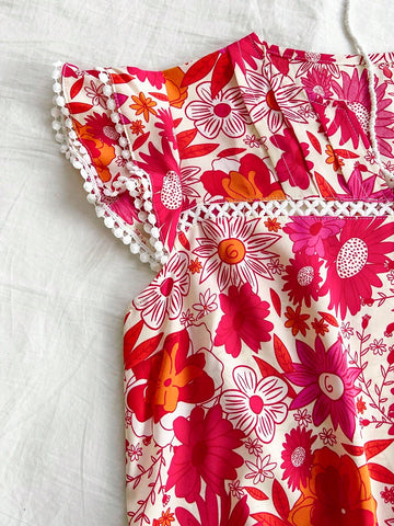 Women's Summer Vacation Floral Printed Notched V-Neck Cap Sleeve Blouse