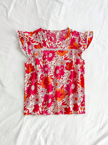 Women's Summer Vacation Floral Printed Notched V-Neck Cap Sleeve Blouse