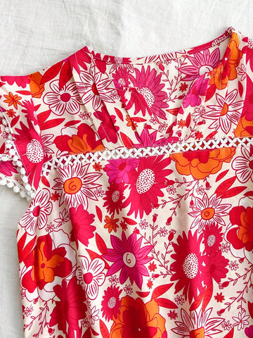 Women's Summer Vacation Floral Printed Notched V-Neck Cap Sleeve Blouse