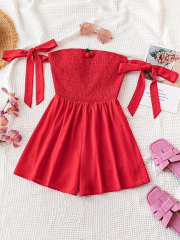 Women's Summer Vacation Romper With Cute Country Style Red Off-Shoulder, Bow-Tie And Cherry Decorated Front And Back Pieces For Graduation Parties