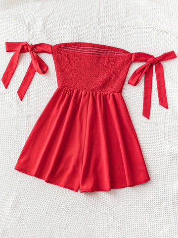 Women's Summer Vacation Romper With Cute Country Style Red Off-Shoulder, Bow-Tie And Cherry Decorated Front And Back Pieces For Graduation Parties