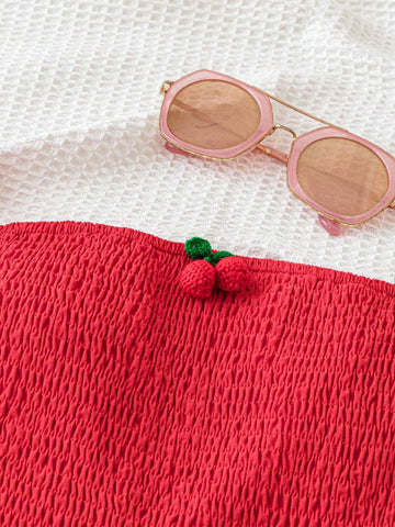 Women's Summer Vacation Romper With Cute Country Style Red Off-Shoulder, Bow-Tie And Cherry Decorated Front And Back Pieces For Graduation Parties