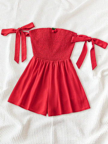 Women's Summer Vacation Romper With Cute Country Style Red Off-Shoulder, Bow-Tie And Cherry Decorated Front And Back Pieces For Graduation Parties