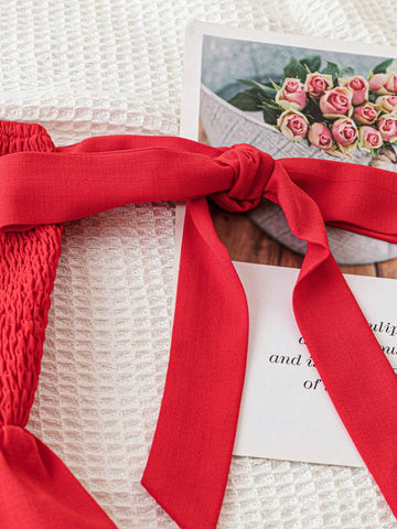 Women's Summer Vacation Romper With Cute Country Style Red Off-Shoulder, Bow-Tie And Cherry Decorated Front And Back Pieces For Graduation Parties