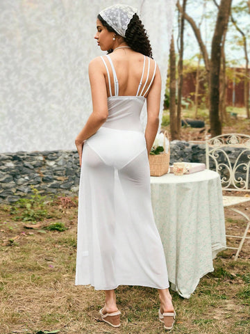 Women's Summer White Mesh Embroidered Floral Sexy Vacation Maxi Dress