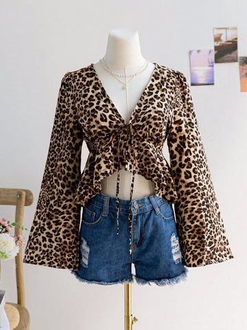 Women's V-Neck Long Sleeve Tie-Front Ruffle Hem Leopard Print Shirt,
