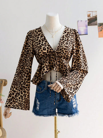 Women's V-Neck Long Sleeve Tie-Front Ruffle Hem Leopard Print Shirt,