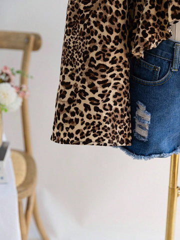 Women's V-Neck Long Sleeve Tie-Front Ruffle Hem Leopard Print Shirt,