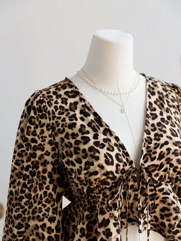 Women's V-Neck Long Sleeve Tie-Front Ruffle Hem Leopard Print Shirt,
