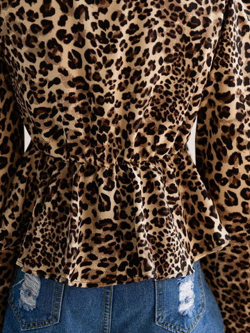 Women's V-Neck Long Sleeve Tie-Front Ruffle Hem Leopard Print Shirt,