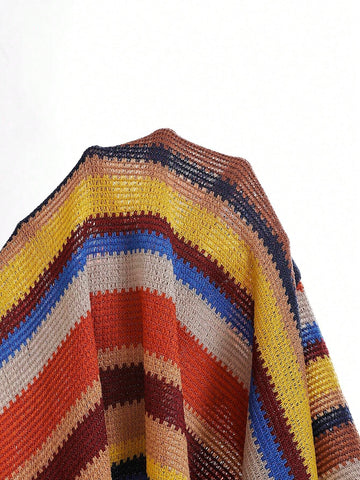 Women's Vacation-Style Brown & Blue Rainbow Striped Knitted Texture Fabric Hollow Out Front
