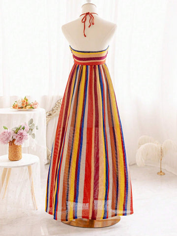 Women's Vacation-Style Brown & Blue Rainbow Striped Knitted Texture Fabric Hollow Out Front