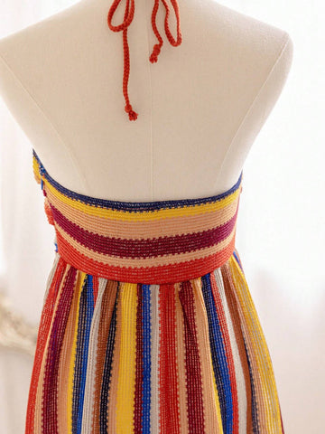 Women's Vacation-Style Brown & Blue Rainbow Striped Knitted Texture Fabric Hollow Out Front