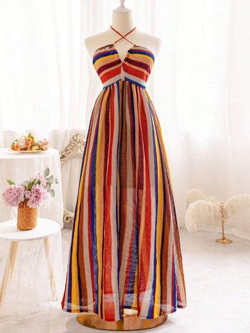 Women's Vacation-Style Brown & Blue Rainbow Striped Knitted Texture Fabric Hollow Out Front