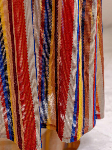 Women's Vacation-Style Brown & Blue Rainbow Striped Knitted Texture Fabric Hollow Out Front