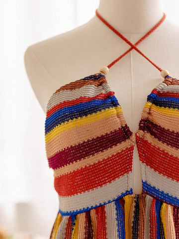 Women's Vacation-Style Brown & Blue Rainbow Striped Knitted Texture Fabric Hollow Out Front