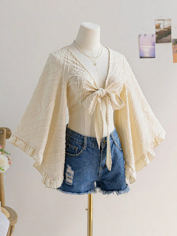 Women's Vacation Beige Textured Woven Open Front Tie Knot Bell Sleeve Ruffle Cuff Blouse