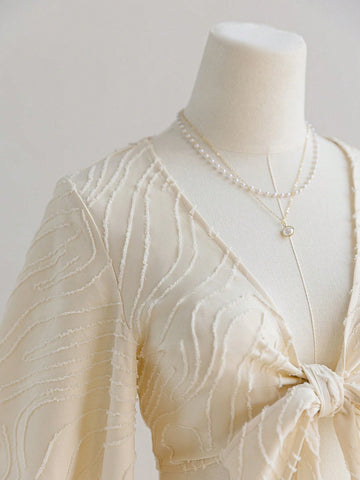 Women's Vacation Beige Textured Woven Open Front Tie Knot Bell Sleeve Ruffle Cuff Blouse