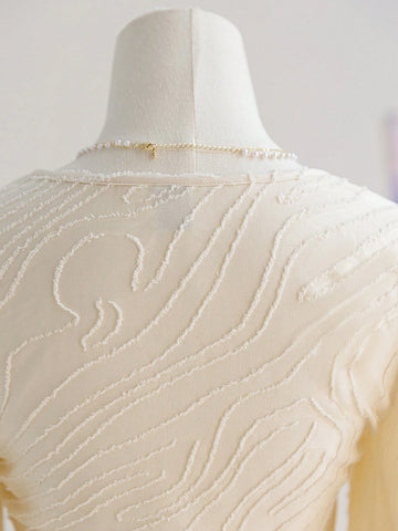 Women's Vacation Beige Textured Woven Open Front Tie Knot Bell Sleeve Ruffle Cuff Blouse