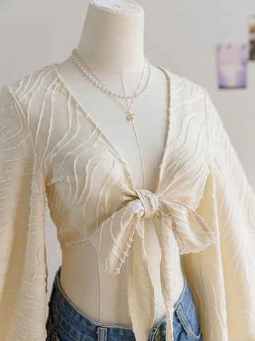 Women's Vacation Beige Textured Woven Open Front Tie Knot Bell Sleeve Ruffle Cuff Blouse
