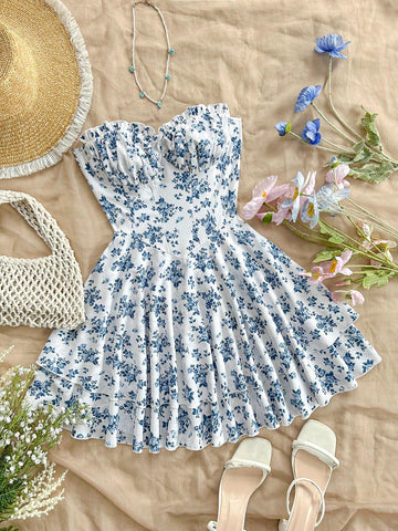 Women's Vacation Blue & White Ditsy Floral Strapless Double-Layer Skirt Hem Dress
