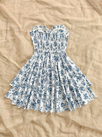 Women's Vacation Blue & White Ditsy Floral Strapless Double-Layer Skirt Hem Dress