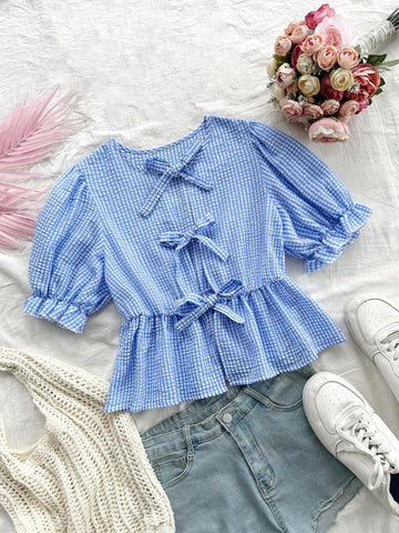 Women's Vacation Blue & White Plaid Puff Sleeve Shirt With Round Collar, Bow Tie & Ruffle Trim