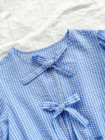 Women's Vacation Blue & White Plaid Puff Sleeve Shirt With Round Collar, Bow Tie & Ruffle Trim