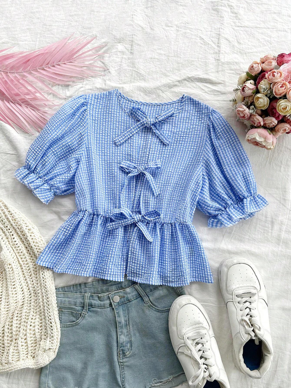 Women's Vacation Blue & White Plaid Puff Sleeve Shirt With Round Collar, Bow Tie & Ruffle Trim