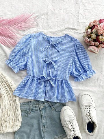 Women's Vacation Blue & White Plaid Puff Sleeve Shirt With Round Collar, Bow Tie & Ruffle Trim