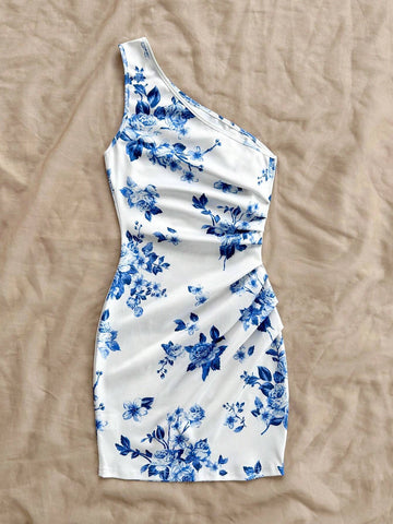 Women's Vacation Blue & White Printed Asymmetrical Off-Shoulder Dress