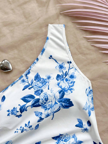 Women's Vacation Blue & White Printed Asymmetrical Off-Shoulder Dress