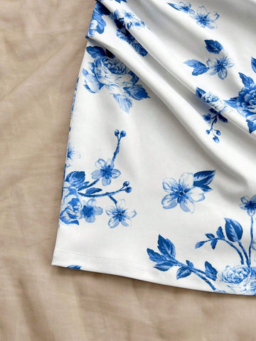 Women's Vacation Blue & White Printed Asymmetrical Off-Shoulder Dress