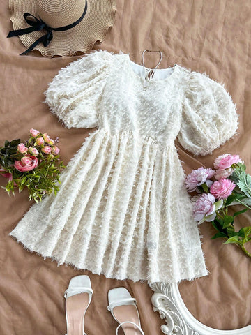 Women's Vacation Bubble Sleeves Round Neck Open Back Tie Waist Swing Dress