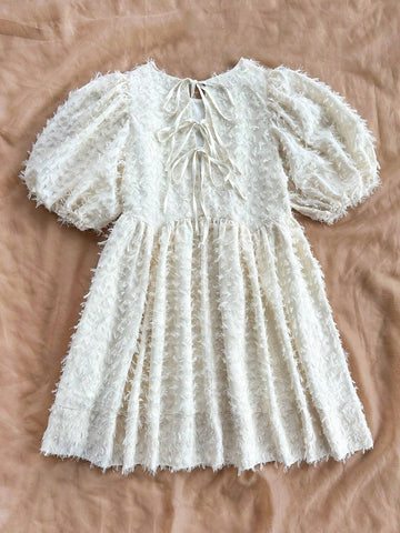 Women's Vacation Bubble Sleeves Round Neck Open Back Tie Waist Swing Dress