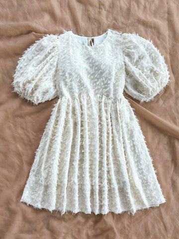 Women's Vacation Bubble Sleeves Round Neck Open Back Tie Waist Swing Dress
