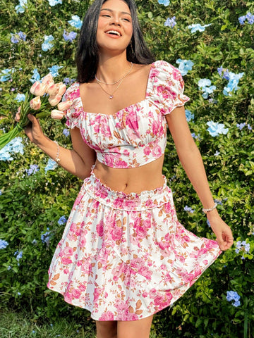 Women's Vacation Flower Print Sweetheart Neckline Short Sleeve Top With A-Line Skirt Set