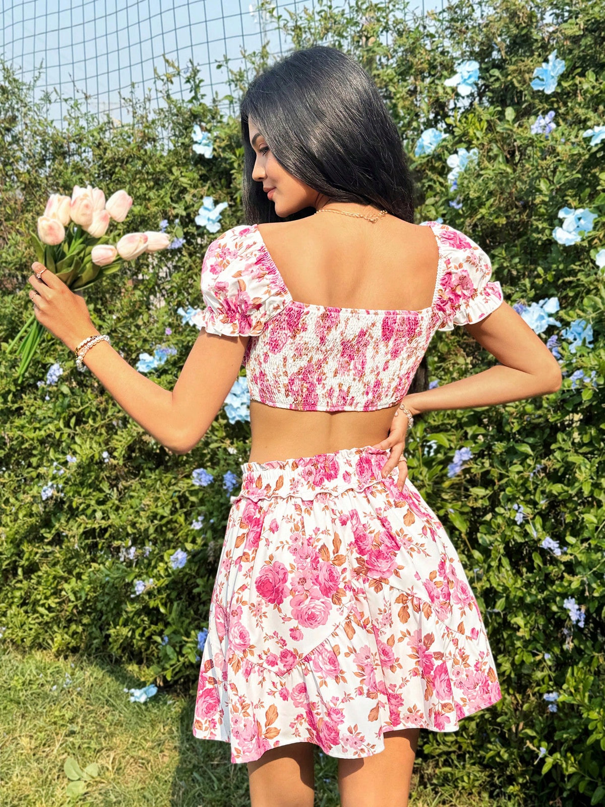 Women's Vacation Flower Print Sweetheart Neckline Short Sleeve Top With A-Line Skirt Set