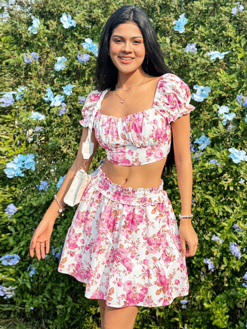 Women's Vacation Flower Print Sweetheart Neckline Short Sleeve Top With A-Line Skirt Set