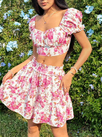 Women's Vacation Flower Print Sweetheart Neckline Short Sleeve Top With A-Line Skirt Set