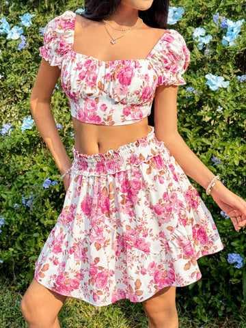 Women's Vacation Flower Print Sweetheart Neckline Short Sleeve Top With A-Line Skirt Set