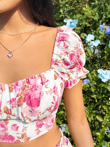 Women's Vacation Flower Print Sweetheart Neckline Short Sleeve Top With A-Line Skirt Set