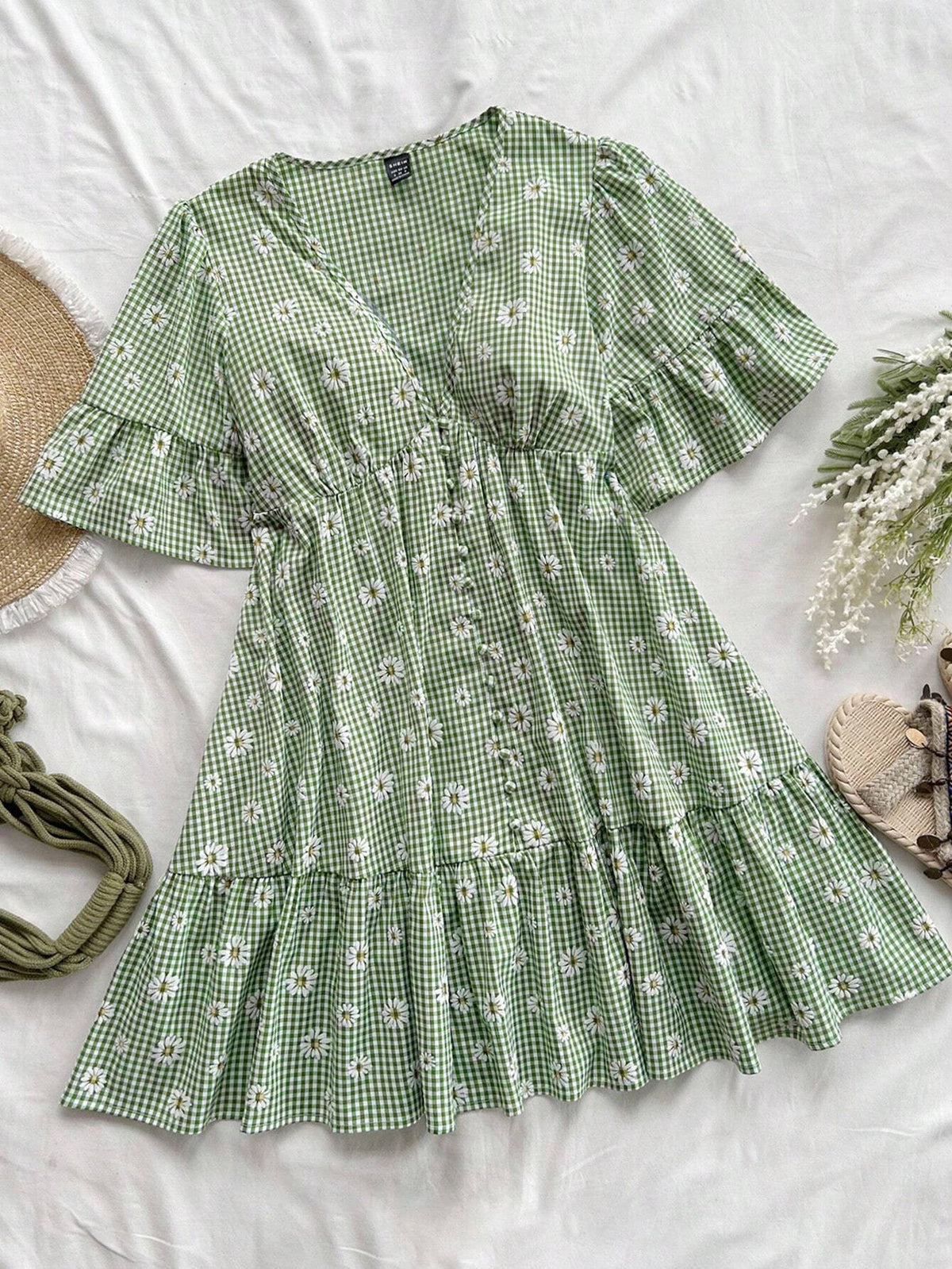Women's Vacation Green & White Checked Daisy Printed V-Neck Ruffle Sleeve Hem Patchwork Loos