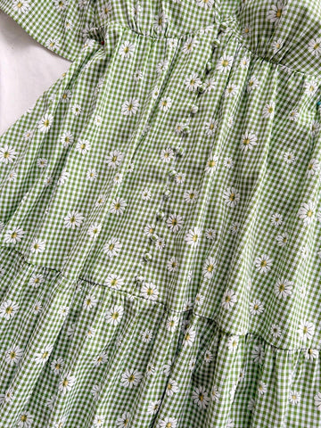 Women's Vacation Green & White Checked Daisy Printed V-Neck Ruffle Sleeve Hem Patchwork Loos