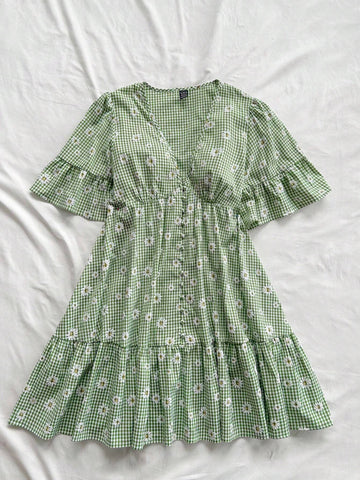 Women's Vacation Green & White Checked Daisy Printed V-Neck Ruffle Sleeve Hem Patchwork Loos