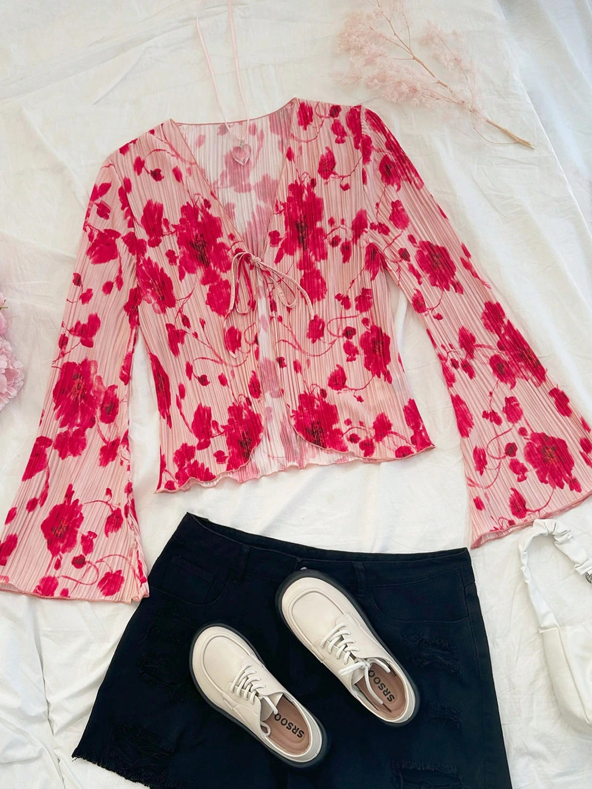 Vacation Large Floral Pleated Tie Front Bow Puff Sleeve Ruffle Hem Casual Loose Blouse,Long Sleeve Top,