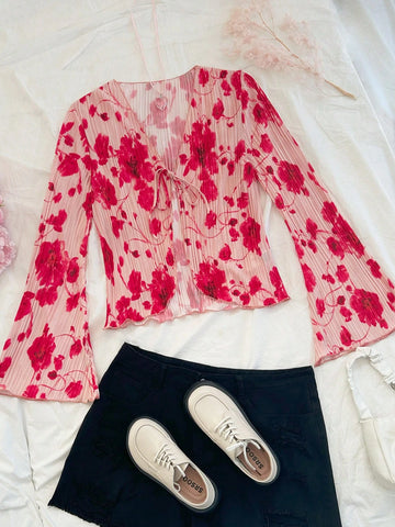 Vacation Large Floral Pleated Tie Front Bow Puff Sleeve Ruffle Hem Casual Loose Blouse,Long Sleeve Top,