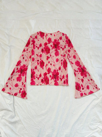 Vacation Large Floral Pleated Tie Front Bow Puff Sleeve Ruffle Hem Casual Loose Blouse,Long Sleeve Top,